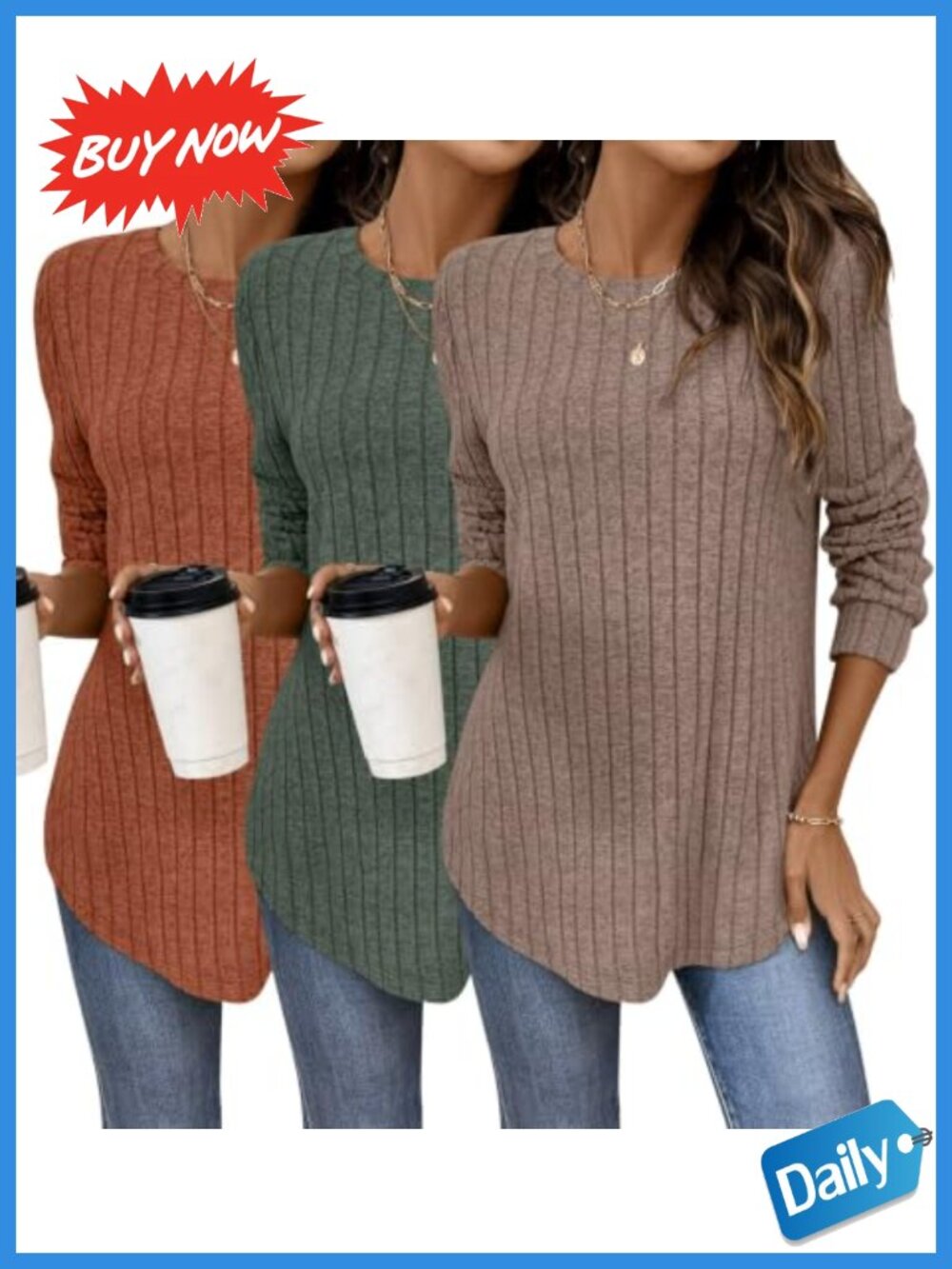 Womens 3 Pack Long Sleeve Curved Hem Tunic Tops Ribbed Knit Fall Layering Shirts